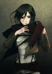  1girl belt black_eyes black_hair gelze jacket mikasa_ackerman scarf shingeki_no_kyojin short_hair 