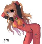  1girl arms_behind_head arms_up bent_over blue_eyes breasts briska brown_hair eyepatch hair_ornament long_hair looking_at_viewer neon_genesis_evangelion plugsuit posing rebuild_of_evangelion shikinami_asuka_langley simple_background solo souryuu_asuka_langley very_long_hair white_background 