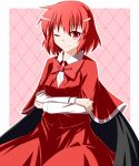  1girl bowtie cape checkered checkered_background crossed_arms long_sleeves looking_at_viewer okazaki_yumemi pink_background red_eyes redhead short_hair sitting skirt skirt_set smile solo ten203159 touhou touhou_(pc-98) wink 