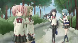  4girls akemi_homura bag black_hair blue_eyes blue_hair green_eyes green_hair hair_flip hair_ornament hair_ribbon hairband hairclip highres kaname_madoka lieass long_hair mahou_shoujo_madoka_magica miki_sayaka multiple_girls pantyhose pink_eyes pink_hair plaid plaid_skirt ribbon school_uniform short_hair short_twintails skirt smile twintails violet_eyes 