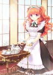  1girl apron cart long_hair looking_at_viewer maid original redhead smile solo teapot trianon two_side_up violet_eyes wrist_cuffs 