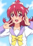  1girl :d aida_mana blush bow clouds diesel-turbo dokidoki!_precure hair_bow half_updo long_sleeves open_mouth pink_eyes pink_hair precure school_uniform sky smile solo v 