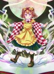  1girl apron bell blush boots checkered checkered_shirt hair_bell hair_ornament highres jingle_bell long_sleeves looking_at_viewer moon motoori_kosuzu nanatsuhane red_eyes short_hair smile solo touhou twintails wide_sleeves 