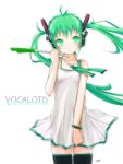  1girl artist_name bracelet character_name dress floating_hair green_eyes green_hair hatsune_miku headphones jewelry kowiru long_hair solo spring_onion thigh-highs twintails vocaloid white_background 