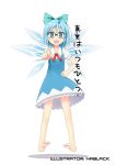  1girl artist_name blue_eyes blue_hair bow cirno dress glasses hair_bow ice ice_wings kuro-kun_(nablack) looking_at_viewer pointing pointing_at_viewer short_hair solo touhou translation_request wings 