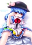  1girl blue_hair blush character_name chipika food fruit hat highres hinanawi_tenshi long_hair looking_at_viewer peach red_eyes simple_background sitting solo touhou white_background 