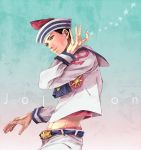  1boy black_eyes black_hair dixie_cup_hat hat higashikata_jousuke_(jojolion) highres hiroaki_(angie) jojo_no_kimyou_na_bouken jojolion midriff sailor_costume solo 