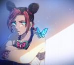  1girl black_hair blue_eyes braid butterfly double_bun jojo_no_kimyou_na_bouken kuujou_jolyne leg_hug mk multicolored_hair pink_hair two-tone_hair 