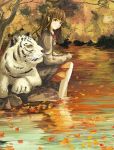  bangs blunt_bangs brown_hair cardigan feet_in_water gemi lake leaf long_hair original rock school_uniform skirt soaking_feet tiger tree water white_tiger 