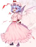  1girl bat_wings blue_hair dress hands_on_hips hat kaiza_(rider000) open_mouth red_eyes remilia_scarlet short_hair smile solo touhou wings 
