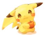  apple blush brown_eyes ears food fruit holding holding_fruit looking_at_viewer mochi_(empty_p) no_humans pikachu pokemon pokemon_(creature) shadow simple_background tail tears white_background 