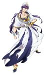  1boy dalc_rose hand_on_hip jewelry long_hair looking_at_viewer magi_the_labyrinth_of_magic male purple_hair simple_background sinbad_(magi) solo turban white_background yellow_eyes 
