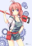  ahoge belt blush breasts cleavage gears hand_on_hip highres long_hair original overalls pink_eyes redhead strap_slip terras twintails wrench 
