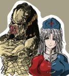  hairlocs hat highres judgemasterkou mandibles open_mouth predator predator_(film) simple_background smile teeth touhou white_hair yagokoro_eirin 