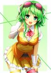  1girl :3 blush breasts goggles goggles_on_head green_background green_eyes green_hair gumi jam_(jam0601) long_hair looking_at_viewer open_mouth skirt solo vocaloid 