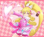  1girl aida_mana bike_shorts blonde_hair blush bow checkered checkered_background cure_heart dokidoki!_precure earrings heart heart-shaped_pupils jewelry kannagi_kaname long_hair looking_at_viewer magical_girl pink_background pink_eyes ponytail precure smile solo symbol-shaped_pupils 
