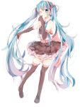  1girl bare_shoulders blue_eyes blue_hair boots elbow_gloves frilled_skirt gloves hatsune_miku long_hair moegi0926 smile solo thigh-highs thigh_boots twintails very_long_hair vocaloid wink 