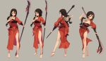  1girl anklet barefoot belt black_hair braid breasts cleavage crossed_legs_(standing) feet fkey glaive highres jewelry large_breasts legs long_hair off_shoulder original polearm red_eyes simple_background solo tattoo toenail_polish weapon 