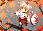  1girl bare_shoulders black_legwear cross_(crossryou) detached_sleeves from_above geta hat highres inubashiri_momiji parted_lips red_eyes shield short_hair silver_hair skirt solo sword thigh-highs tokin_hat touhou tree weapon 