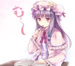  1girl blush book bow crescent desk hair_bow hat hinooka_shuuji long_hair patchouli_knowledge purple_hair solo touhou violet_eyes 