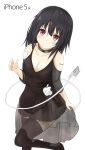  +_- 1girl apple_inc. black_hair black_legwear breasts cable cleavage dress highres iphone iphone-tan kudrove legs personification phone red_eyes see-through symbol-shaped_pupils tagme usb 