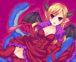  blonde_hair breasts demon_wings dress elbow_gloves fan geminiboar gloves highres horns lilith_(p&amp;d) long_hair lying on_side pointy_ears puzzle_&amp;_dragons red_eyes snake wings 
