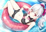  1girl barefoot bikini blush breasts cleavage drill_hair food from_above grey_hair hair_ribbon ice_cream idolmaster idolmaster_cinderella_girls innertube kanzaki_ranko long_hair looking_at_viewer looking_up lying navel oogatazin open_mouth popsicle red_eyes ribbon silver_hair solo swimsuit twin_drills twintails water wet 