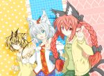  3girls animal_ears bare_shoulders blue_eyes bow braid butterfly_hair_ornament cardigan casual cat_ears cat_tail contemporary hair_bow hair_ornament hat heart heart-shaped_pupils heart_background inubashiri_momiji jeans jewelry kaenbyou_rin kemonomimi_mode multicolored_hair multiple_girls multiple_tails pendant pointy_ears polka_dot polka_dot_background psychopath_idiot red_eyes redhead skull smile star star-shaped_pupils symbol-shaped_pupils tail tiger_ears tiger_tail tokin_hat toramaru_shou touhou twin_braids two-tone_hair v white_hair wink wolf_ears wolf_tail yellow_eyes 