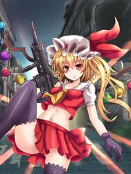  1girl alternate_wings assault_rifle black_gloves black_legwear blonde_hair chestnut_mouth explosive flandre_scarlet gloves grenade gun hat hat_ribbon hk416 leg_up midriff navel open_mouth puffy_sleeves red_eyes ribbon rifle road shirt short_sleeves side_ponytail skirt skirt_set slit_pupils solo street sumapan thigh-highs touhou vest weapon wings zettai_ryouiki 