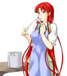  apron blue_eyes blush braid cooking hong_meiling ladle niwatazumi pot redhead sketch solo tongue tongue_out touhou twin_braids 