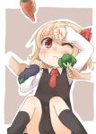  1girl ;t blonde_hair broccoli carrot dress eggplant hair_ribbon nami_(cassette) red_eyes ribbon rumia shirt short_hair touhou vegetable 