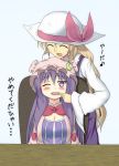  2girls ^_^ blonde_hair blush breasts cheek_pull cleavage closed_eyes crescent hat highres long_hair multiple_girls open_mouth payot purple_hair shamisen_(syami_sen) smile touhou translation_request violet_eyes watatsuki_no_toyohime 