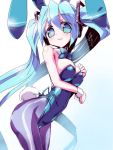  1girl animal_ears aqua_eyes aqua_hair bunny_girl bunny_tail hatsune_miku hazumi_miruku leotard long_hair pantyhose rabbit_ears smile solo tail twintails very_long_hair vocaloid wrist_cuffs 