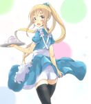  blonde_hair blue_eyes dress from_behind k-on! kotobuki_tsumugi long_hair looking_back ponytail tea_set thigh-highs tray waitress weeeeen 