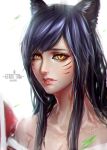  1girl ahri animal_ears blue_eyes fox_ears glowing glowing_eyes league_of_legends lips long_hair looking_at_viewer lucha_cha off_shoulder parted_lips portrait slit_pupils whisker_markings yellow_eyes 
