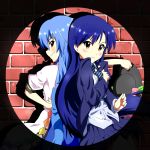  2girls blouse blue_hair blush bow brick_wall crossover dress_shirt food frown fruit fueiku hand_on_hip hand_on_own_chest hat hat_removed headwear_removed hinanawi_tenshi holding holding_hat idolmaster jacket kisaragi_chihaya long_hair looking_back multiple_girls necktie peach red_eyes shadow shirt skirt smile spotlight touhou yellow_eyes 