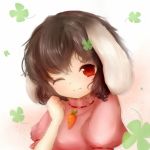  1girl amanojaku animal_ears black_hair blouse bust carrot clenched_hand clover four-leaf_clover gradient gradient_background highres inaba_tewi jewelry light_smile pendant puffy_short_sleeves puffy_sleeves rabbit_ears red_eyes short_hair short_sleeves simple_background solo touhou wink 
