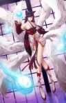  1girl ahri animal_ears bare_shoulders breasts bryan_song cleavage detached_sleeves facial_mark fox_ears fox_tail highres league_of_legends long_hair magic multiple_tails tail yellow_eyes 