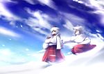  2girls animal_ears chipika clone commentary_request hat inubashiri_momiji multiple_girls open_mouth short_hair sky tail tokin_hat touhou wolf_ears wolf_tail 