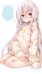  1girl bare_shoulders blush glasses highres kasu_(return) long_hair naked_sweater original red-framed_glasses red_eyes semi-rimless_glasses silver_hair sleeves_past_wrists solo sweater 