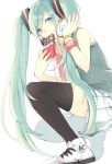  1girl bracelet chocolate green_eyes green_hair hand_on_headphones hatsune_miku headphones jewelry long_hair prin_dog shoes skirt sneakers solo thigh-highs twintails very_long_hair vocaloid white_background 