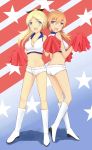  2girls blonde_hair blue_eyes bow breasts charlotte_e_yeager cheerleader cleavage fang hair_bow katharine_ohare long_hair midriff multiple_girls pom_poms ponytail rasielcochma strike_witches 