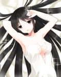  1girl bare_arms black_hair blush breasts cleavage iori_(cpeilad) long_hair looking_at_viewer open_mouth original pink_eyes 