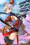  1girl black_legwear cape double_bun gauntlets hair_ornament highres looking_at_viewer momohime_ryouran!_sengoku_asuka mossari_poteto navel open_mouth red_eyes scarf sheathing short_hair silver_hair sky solo sword thigh-highs weapon 