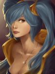  1girl aqua_hair artist_request bangs hair_over_one_eye highres jewelry league_of_legends necklace sona_buvelle yellow_eyes 