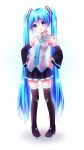  1girl aqua_eyes aqua_hair asato727 boots detached_sleeves hands_on_hips hatsune_miku head_tilt long_hair necktie pigeon-toed skirt smile solo thigh-highs thigh_boots twintails very_long_hair vocaloid 