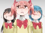  3girls =_= akemi_homura black_hair blue_hair blush_stickers bow chewing closed_eyes eating_hair hair_ribbon hairband kaname_madoka long_hair mahou_shoujo_madoka_magica miki_sayaka multiple_girls pink_hair ribbon saliva school_uniform short_hair short_twintails twintails 