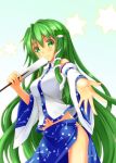  1girl bare_shoulders detached_sleeves gennsuikyou green_eyes green_hair hair_ornament highres kochiya_sanae long_hair navel outstretched_hand solo star thighs touhou very_long_hair 