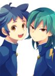  2boys blue_hair bust face gakuran green_hair inazuma_eleven_(series) inazuma_eleven_go kageyama_hikaru kariya_masaki lightning_bolt male multiple_boys open_mouth school_uniform simple_background symmetry white_background yellow_eyes yupopo_(hidame) 