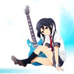  1girl alternate_costume black_hair black_legwear brown_eyes electric_guitar guitar instrument k-on! long_hair looking_at_viewer nakano_azusa necktie pleated_skirt plectrum shian_(my_lonly_life.) skirt smile solo twintails 